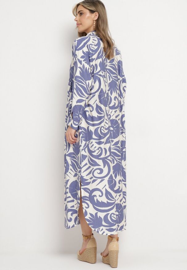 Born2be - Biało-Fioletowa Sukienka Szmizjerka Zapinana na Guziki z Falbanką Lavernia. Okazja: na co dzień, na randkę. Typ kołnierza: kołnierz z falbankami, dekolt w kształcie V. Kolor: biały. Materiał: jeans, wiskoza, materiał, tkanina. Długość rękawa: długi rękaw. Sezon: lato. Typ sukienki: szmizjerki. Styl: casual, klasyczny, elegancki