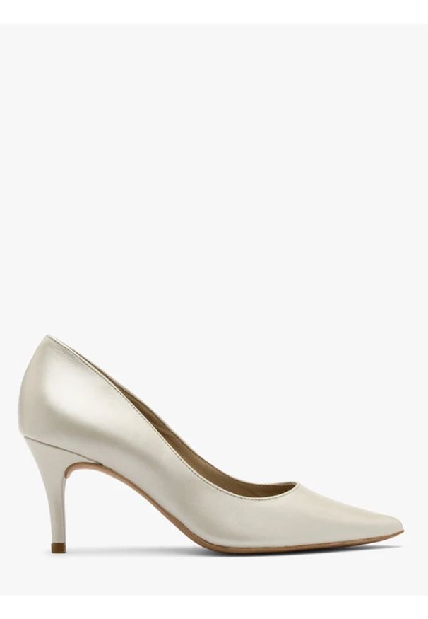 Ryłko - Perłowe czółenka damskie. Kolor: beżowy. Materiał: skóra. Obcas: na obcasie. Styl: street. Wysokość obcasa: średni