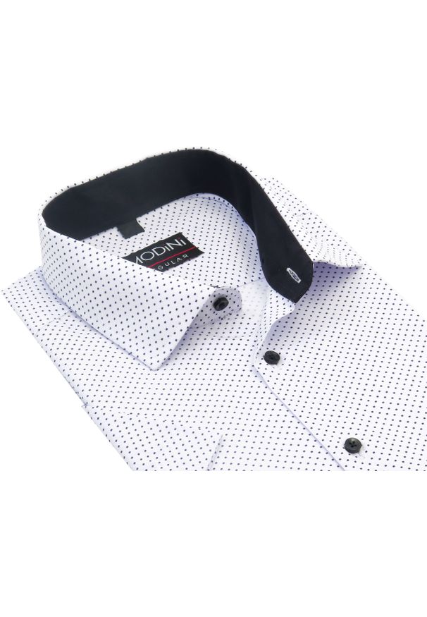 Biała koszula męska z krótkim rękawem Modini w kwadraciki DK7. Kolor: biały. Materiał: tkanina, poliester, bawełna. Długość rękawa: krótki rękaw. Długość: krótkie