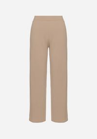 Born2be - Ciemnobeżowe Prążkowane Spodnie Szerokie z Gumką w Pasie Drasia. Kolor: beżowy. Materiał: prążkowany #4