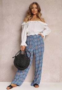Renee - Granatowe Bawełniane Spodnie w Abstrakcyjny Wzór z Wysokim Stanem i Gumką w Talii Lilliah. Stan: podwyższony. Kolor: niebieski. Materiał: bawełna #3
