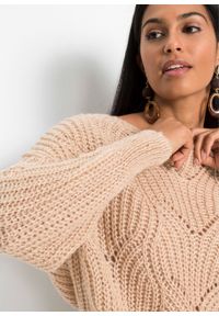 Sweter oversize w ażurowy wzór bonprix bezowy. Kolor: beżowy. Wzór: ażurowy #4