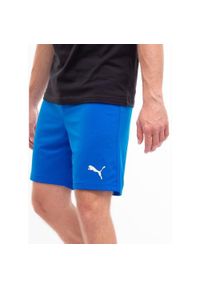 Spodenki Puma teamRISE niebieskie. Kolor: niebieski, wielokolorowy, biały. Materiał: poliester. Sport: fitness, piłka nożna