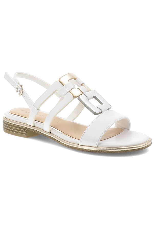 Białe Sandały Marco Tozzi Eleganckie Buty Damskie. Okazja: na co dzień, na spacer. Kolor: biały. Materiał: skóra. Wzór: geometria, aplikacja. Sezon: lato. Obcas: na obcasie. Styl: elegancki. Wysokość obcasa: średni