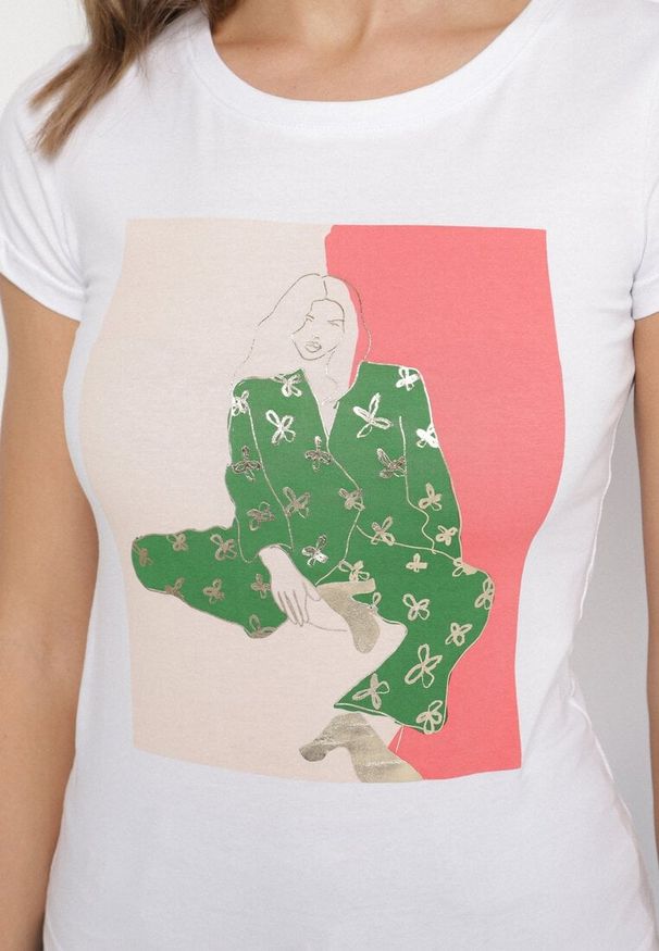 Born2be - Biały Bawełniany T-shirt z Ozdobnym Nadrukiem Setonisea. Okazja: na co dzień. Kolor: biały. Materiał: bawełna. Wzór: nadruk. Styl: casual