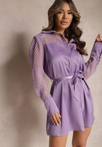 Renee - Fioletowa Mini Sukienka o Koszulowym Fasonie z Materiałowym Paskiem i Siateczką Idanes. Kolor: fioletowy. Materiał: materiał. Sezon: jesień, wiosna. Typ sukienki: koszulowe. Styl: elegancki. Długość: mini