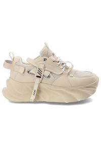 Sneakersy damskie GOE, cholewka ze skóry ekologicznej i materiałowej siateczkowe panele klasyczne wiązanie, beżowe, TT2N4012. Kolor: beżowy. Materiał: materiał, skóra ekologiczna. Szerokość cholewki: normalna. Styl: klasyczny #4