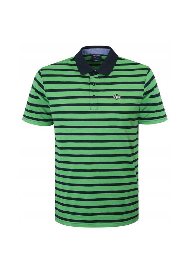 Koszulka Polo - Męska - Pako Jeans - Zielona w Granatowy Prążek. Okazja: na co dzień. Typ kołnierza: polo. Kolor: wielokolorowy, niebieski, zielony. Materiał: bawełna. Wzór: paski, prążki. Styl: casual
