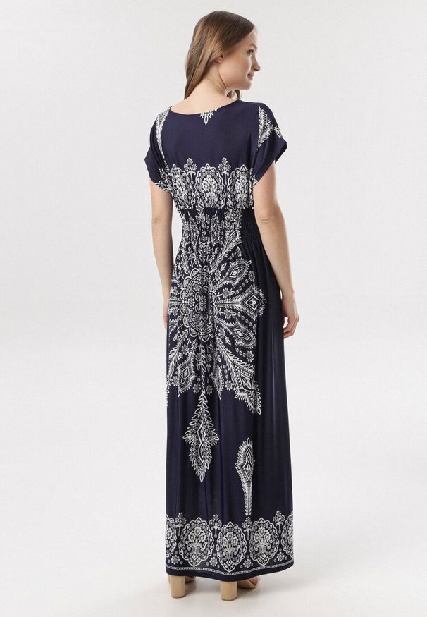 Born2be - Granatowa Sukienka Khryseis. Typ kołnierza: dekolt gorset. Kolor: niebieski. Materiał: materiał. Wzór: kwiaty. Typ sukienki: gorsetowe. Długość: mini