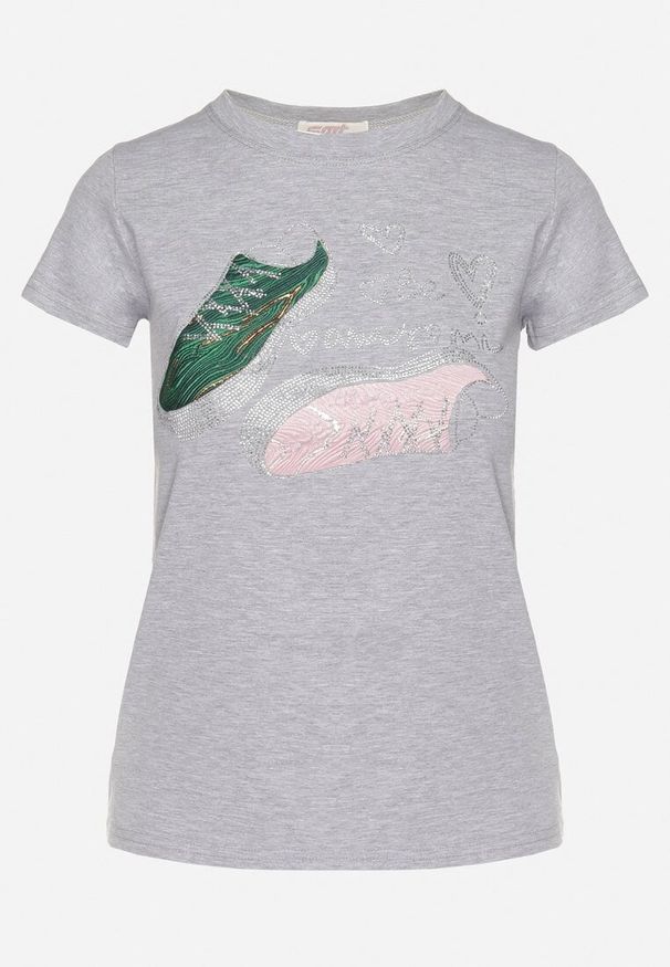 Born2be - Ciemnoszary Bawełniany T-shirt z Nadrukiem z Cyrkoniami Karissen. Okazja: na co dzień. Kolor: szary. Materiał: bawełna. Wzór: nadruk. Styl: klasyczny, elegancki, casual