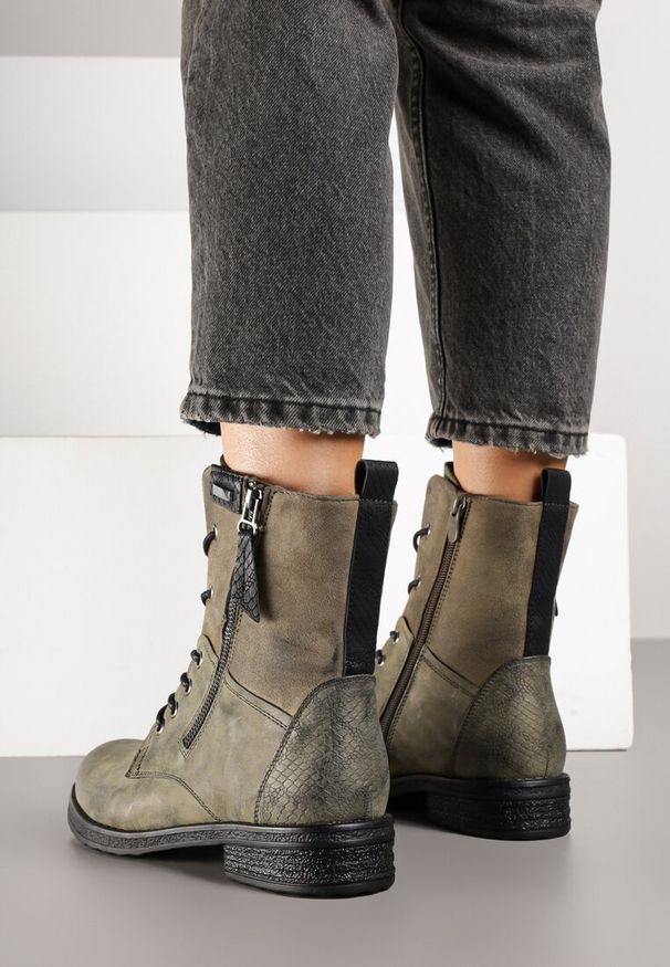 Renee - Zielone Botki w Stylu Vintage ze Sznurowaniem Vemlora. Okazja: na co dzień. Zapięcie: zamek. Kolor: zielony. Materiał: skóra, jeans. Wzór: aplikacja. Styl: vintage