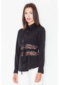 Figl - Czarna Koszulowa Bluzka z Koronkowym Panelem. Kolor: czarny. Materiał: koronka #1