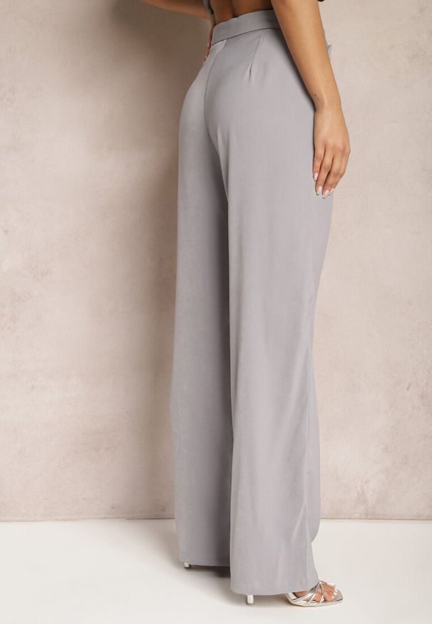 Renee - Szare Szerokie Spodnie z Zapięciem na Haczyk Brutris. Okazja: na co dzień. Stan: podwyższony. Kolor: szary. Styl: casual, elegancki
