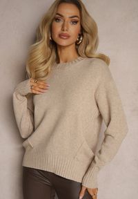 Renee - Beżowy Casualowy Sweter z Wiskozą i Modalem ze Ściągaczami Riviti. Okazja: na co dzień. Kolor: beżowy. Materiał: wiskoza. Sezon: zima. Styl: casual