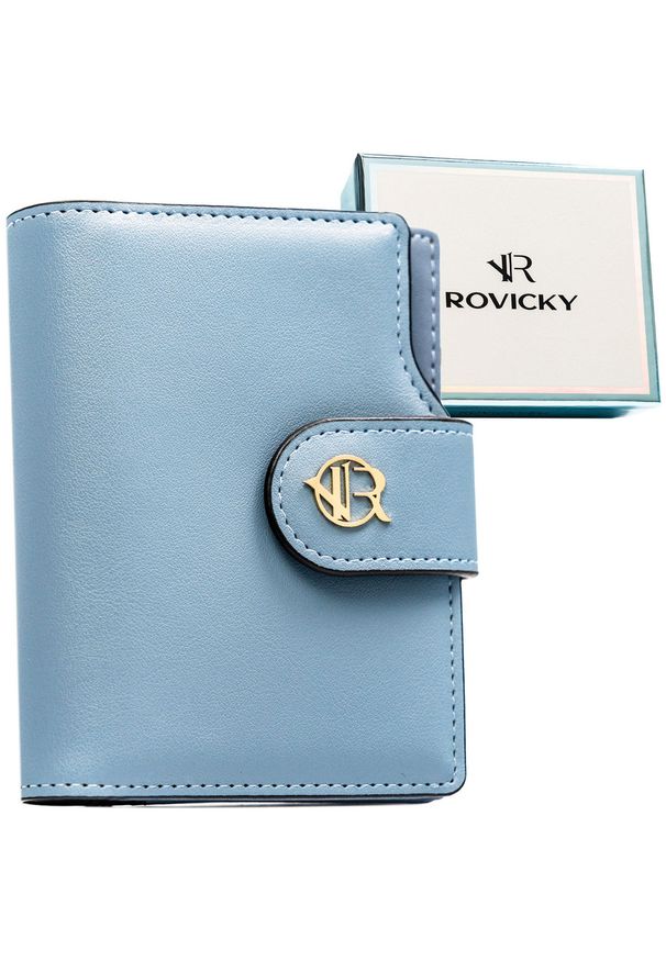 ROVICKY - Portfel damski ze skóry ekologicznej w błękitnym kolorze, wyposażony w system RFID - Rovicky. Kolor: niebieski. Materiał: skóra ekologiczna