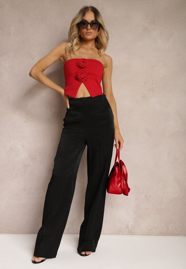 Renee - Czarne Eleganckie Spodnie z Wiskozy o Szerokich Nogawkach Tiamase. Okazja: na imprezę. Kolor: czarny. Materiał: wiskoza. Wzór: aplikacja. Styl: elegancki