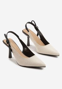 Renee - Beżowo-Czarne Sandały na Szpilce Typu Slingback z Wiązaniem Elliranea. Okazja: na co dzień. Kolor: beżowy. Obcas: na szpilce. Styl: klasyczny, casual, elegancki