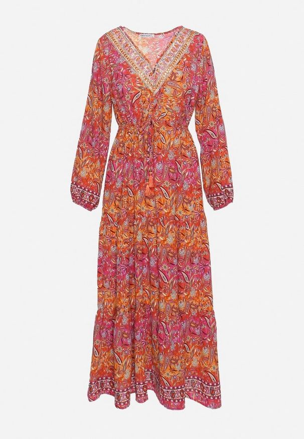 Born2be - Czerwona Sukienka Rozkloszowana z Falbanką w Print Paisley Kapiss. Typ kołnierza: dekolt w kształcie V. Kolor: czerwony. Długość rękawa: długi rękaw. Wzór: paisley, nadruk. Styl: klasyczny, elegancki