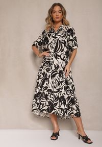 Renee - Czarna Rozkloszowana Sukienka z Wiskozy Ozdobiona Falbaną Filesenia. Kolor: czarny. Materiał: wiskoza. Wzór: aplikacja. Styl: elegancki