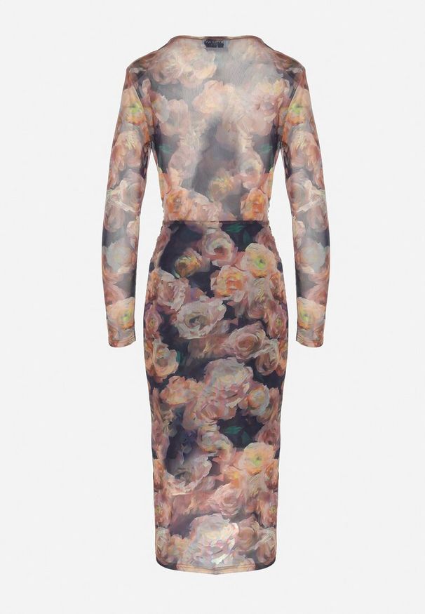 Born2be - Brązowo-Granatowa Sukienka Siateczkowa z Wiskozą o Kopertowym Kroju z Marszczeniem Bolsela. Okazja: na randkę, na ślub cywilny, na wesele, na imprezę. Kolor: brązowy. Materiał: wiskoza. Typ sukienki: kopertowe. Styl: elegancki, klasyczny