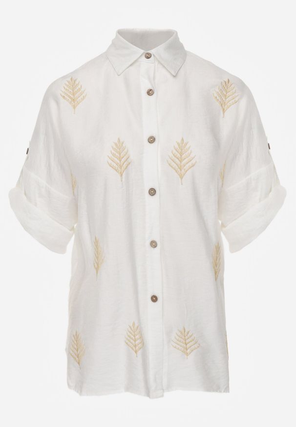 Born2be - Biała Koszula Boho z Wiskozy z Dłuższym Tyłem i Podpinanymi Rękawami Delmarene. Okazja: na co dzień, do pracy, na spotkanie biznesowe, na spacer. Kolor: biały. Materiał: wiskoza. Długość: długie. Wzór: haft. Styl: boho