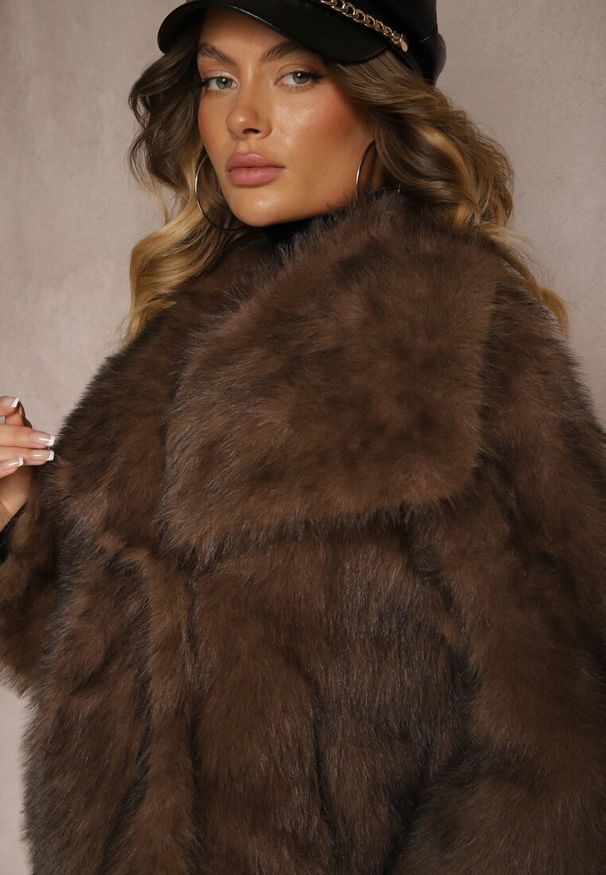 Renee - Brązowa Elegancka Kurtka Futerko z Kołnierzem Vertirida. Okazja: na spacer, na co dzień. Kolor: brązowy. Materiał: futro. Sezon: zima. Styl: elegancki