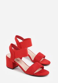 Renee - Czerwone Sandały na Kwadratowym Słupku z Imitacji Zamszu Claudie. Okazja: na co dzień. Zapięcie: pasek. Kolor: czerwony. Wzór: paski. Materiał: zamsz. Sezon: wiosna. Obcas: na słupku. Styl: casual, elegancki. Wysokość obcasa: średni #8