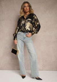 Renee - Złoto-Czarna Koszula Oversize Ozdobiona Metaliczną Nicią Sorilea. Okazja: na co dzień. Kolor: złoty. Materiał: jeans. Wzór: aplikacja. Styl: casual, elegancki #3