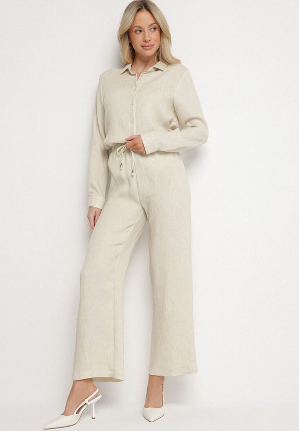 Born2be - Beżowe Szerokie Spodnie z Wiskozy z Wiązaniem w Talii Lilriz. Okazja: na co dzień. Kolor: beżowy. Materiał: wiskoza. Styl: elegancki, casual, klasyczny