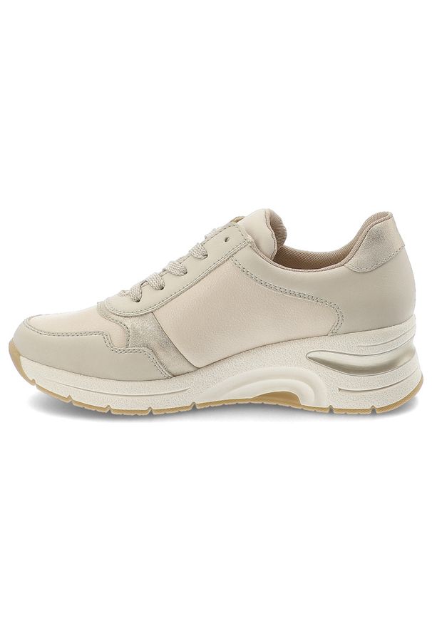 Beżowe Sneakersy Rieker Modne Obuwie Damskie Na Koturnie. Okazja: na co dzień. Zapięcie: sznurówki. Kolor: beżowy. Materiał: materiał. Obcas: na koturnie. Styl: elegancki, casual