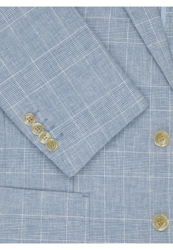 Pako Lorente - PAKO LORENTE – Niebieska marynarka z lnu w kratkę. Okazja: na co dzień. Kolor: niebieski. Materiał: len. Wzór: kratka. Sezon: wiosna. Styl: casual