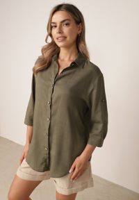 Born2be - Ciemnozielona Koszula Casual z Wiskozą i Lnem z Rękawami 3/4 Linyana. Okazja: na co dzień. Typ kołnierza: kołnierzyk klasyczny. Kolor: zielony. Materiał: wiskoza, len. Długość: długie. Styl: casual #4