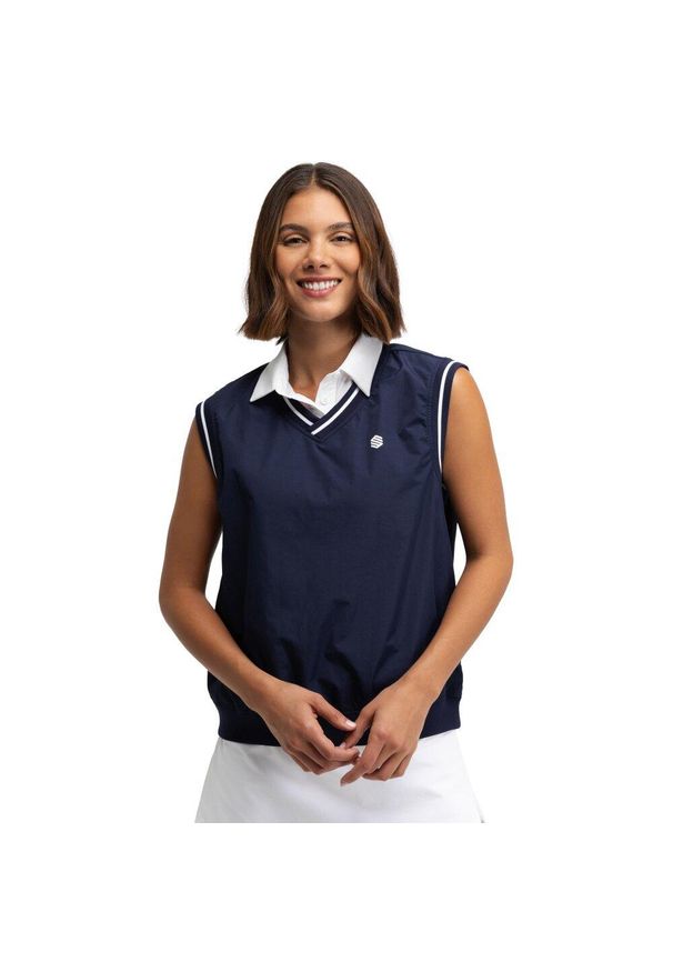 SIROKO - Damska wiatroszczelna kamizelka golfowa Siroko Grace Navy. Typ kołnierza: dekolt w serek, golf. Kolor: niebieski. Sport: golf