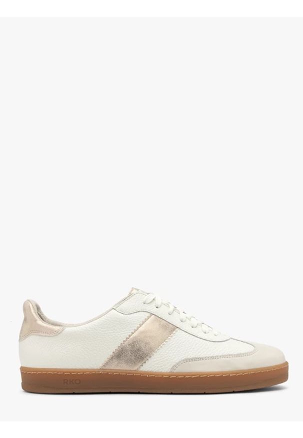 Ryłko - Kremowe półbuty sportowe z platynowymi detalami. Nosek buta: okrągły. Kolor: beżowy. Materiał: skóra. Styl: sportowy