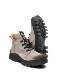DAMISS - Beżowe Botki Damiss Modne Buty Damskie. Kolor: beżowy. Materiał: puch, welur, skóra. Szerokość cholewki: normalna #6