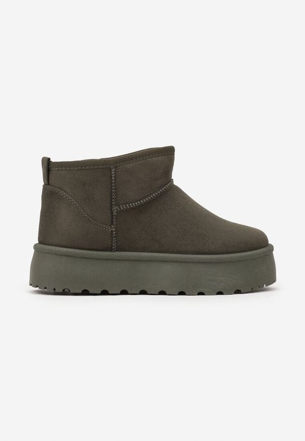Renee - Zielone Krótkie Śniegowce z Ekozamszu na Niskiej Platformie Lennael. Okazja: na co dzień. Kolor: zielony. Materiał: jeans. Sezon: zima. Obcas: na platformie. Styl: elegancki, casual