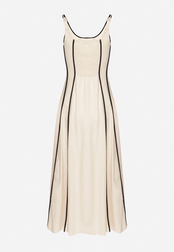 Born2be - Jasnobeżowa Rozkloszowana Sukienka z Wiskozą w Pionowe Paski Gonavirae. Kolor: beżowy. Materiał: wiskoza. Długość rękawa: na ramiączkach. Wzór: paski. Sezon: wiosna, lato. Styl: elegancki