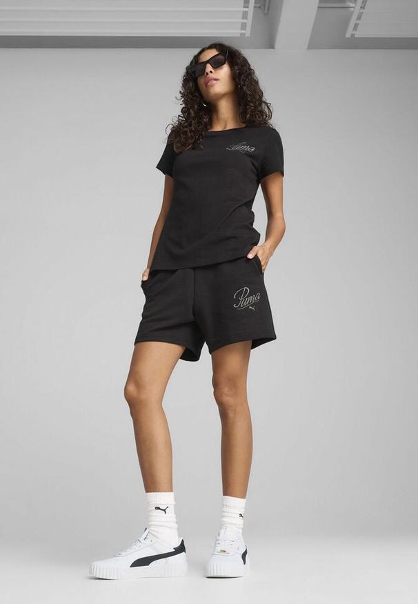 Puma - Damska koszulka ESS SCRIPT PUMA Black. Kolor: czarny. Wzór: haft