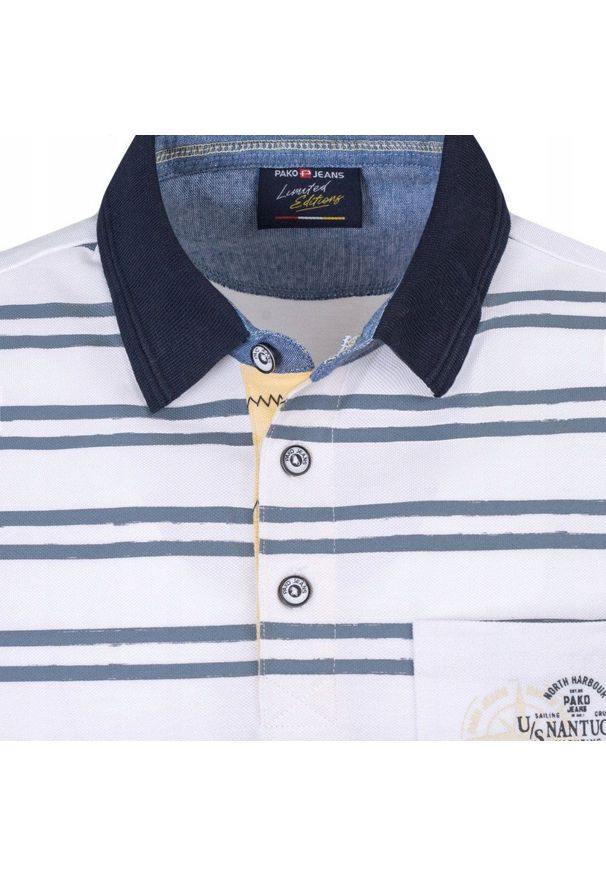 Koszulka Polo - Męska - Pako Jeans - Biała, Paski i Nadruk. Okazja: na co dzień. Typ kołnierza: polo. Kolor: biały. Materiał: bawełna. Wzór: prążki, paski. Styl: casual