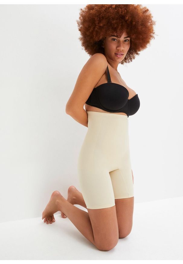 bonprix - Spodnie modelujące, silny stopień modelowania sylwetki. Kolor: beżowy. Materiał: skóra, materiał