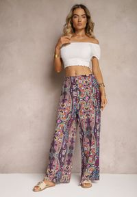 Renee - Fioletowe Wiskozowe Spodnie High Waist o Szerokim Kroju z Gumką w Talii Vimashia. Okazja: do pracy, na spotkanie biznesowe, na co dzień. Stan: podwyższony. Kolor: fioletowy. Materiał: wiskoza. Styl: casual, biznesowy