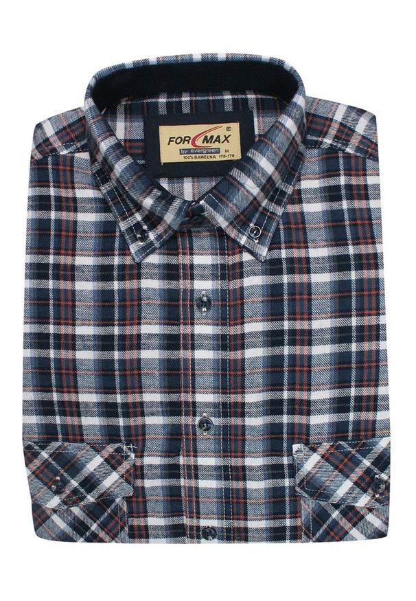 ForMax - Koszula Casualowa w Kratkę Granatowo-Pomarańczową, 100% Bawełna, Flanelowa, Slim, Długi Rękaw FORMAX. Okazja: na co dzień. Kolor: niebieski. Materiał: bawełna. Długość rękawa: długi rękaw. Długość: długie. Wzór: kratka. Styl: casual