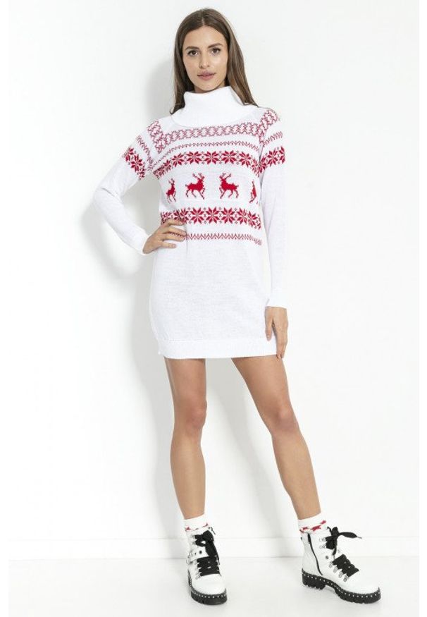 e-margeritka - Sukienka świąteczna swetrowa z golfem biała - xs. Typ kołnierza: golf. Kolor: biały. Materiał: akryl, materiał. Wzór: ze splotem, aplikacja. Sezon: zima. Typ sukienki: dopasowane. Styl: wizytowy