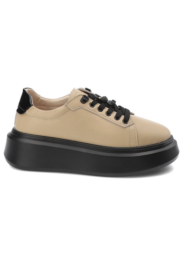 Beżowe Sneakersy Artiker Modne Obuwie Damskie. Okazja: na co dzień. Zapięcie: sznurówki. Kolor: beżowy. Materiał: skóra. Obcas: na platformie