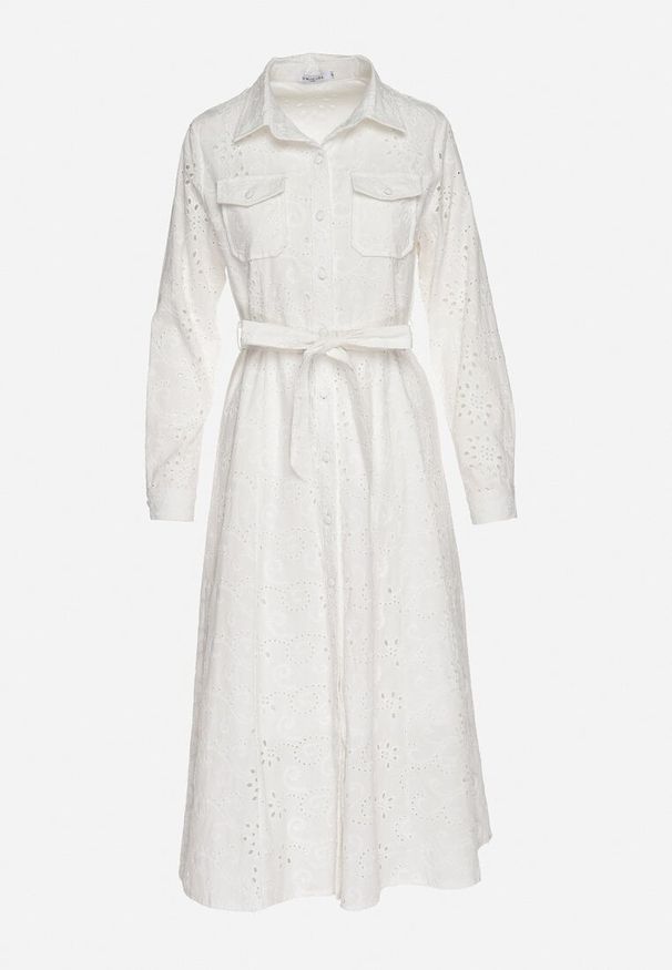 Born2be - Biała Bawełniana Sukienka z Ażurowym Wzorem i Paskiem Noviellea. Okazja: na co dzień. Kolor: biały. Materiał: bawełna. Wzór: ażurowy. Styl: klasyczny, casual, elegancki