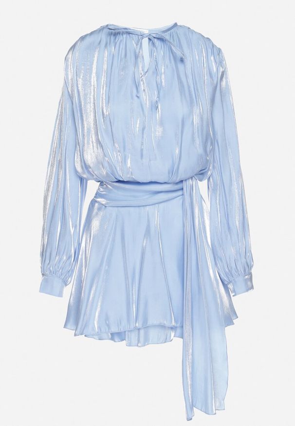 Born2be - Niebieska Wiskozowa Sukienka Ozdobiona Wiązaniem i Falbanką Rallio. Okazja: na imprezę, na co dzień. Typ kołnierza: kołnierz z falbankami. Kolor: niebieski. Materiał: wiskoza. Wzór: aplikacja. Typ sukienki: proste. Styl: elegancki, casual