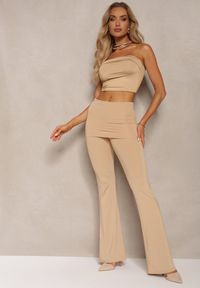 Renee - Beżowe Elastyczne Spodnie o Kroju Dzwonów High Waist z Modelującego Materiału Ivolea. Stan: podwyższony. Kolor: beżowy. Materiał: materiał