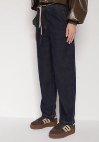 Born2be - Niebieskie Bawełniane Jeansy o Szerokim Kroju z Wysokim Stanem ze Sznurkiem Carmencita. Okazja: na co dzień. Stan: podwyższony. Kolor: niebieski. Styl: casual, elegancki #1