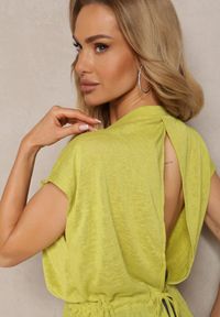 Renee - Jasnozielony Top z Regulacją w Talii i Wiązaniem na Dole z Rozcięciem na Plecach Tiimaelin. Okazja: na co dzień. Kolor: zielony. Materiał: jeans. Styl: sportowy, casual, elegancki, wizytowy