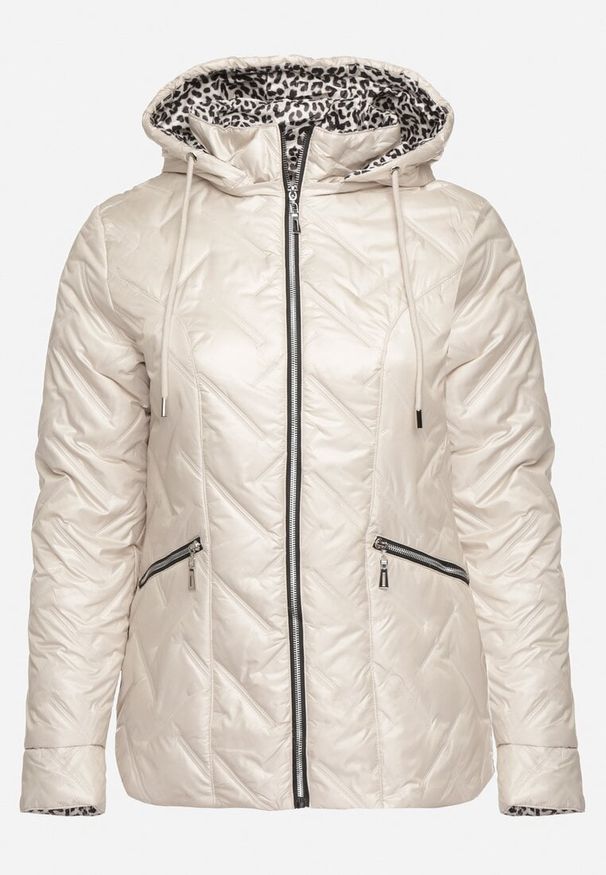 Born2be - Ciemnoszara Pikowana Kurtka z Kapturem i Podszewką w Panterkę Felandre. Okazja: na co dzień, na spacer. Typ kołnierza: kaptur. Kolekcja: plus size. Kolor: szary. Materiał: jeans. Wzór: motyw zwierzęcy. Styl: klasyczny, casual